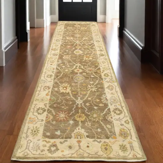 10' Brown And Beige Wool Oriental Hand Knotted Runner Rug Photo 1