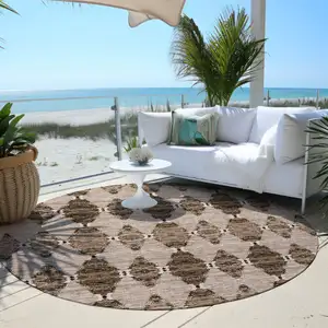 Photo of 8' Brown And Chocolate Round Moroccan Washable Indoor Outdoor Area Rug