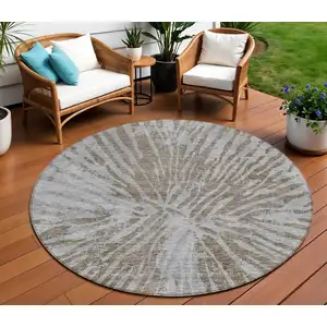 Photo of 8' Brown And Gray Round Abstract Washable Indoor Outdoor Area Rug