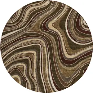 Photo of 8' Brown And Ivory Round Abstract Washable Indoor Outdoor Area Rug