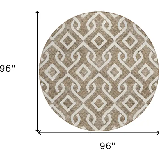 8' Brown And Ivory Round Geometric Washable Indoor Outdoor Area Rug Photo 2