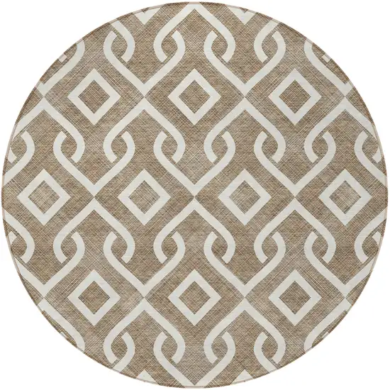 8' Brown And Ivory Round Geometric Washable Indoor Outdoor Area Rug Photo 7