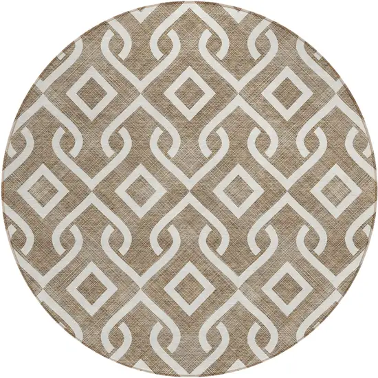 8' Brown And Ivory Round Geometric Washable Indoor Outdoor Area Rug Photo 3