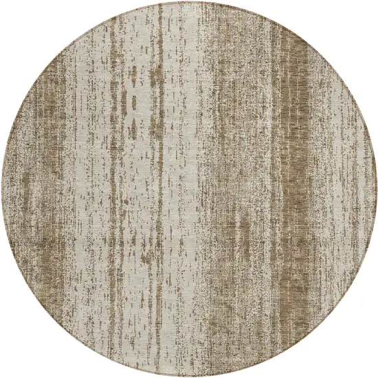 8' Brown And Ivory Round Striped Washable Indoor Outdoor Area Rug Photo 2