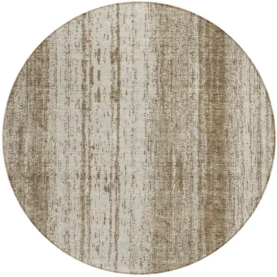 8' Brown And Ivory Round Striped Washable Indoor Outdoor Area Rug Photo 5