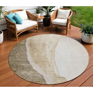 Photo of 8' Brown And Taupe Round Abstract Washable Indoor Outdoor Area Rug