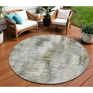 Photo of 8' Brown And Taupe Round Abstract Washable Indoor Outdoor Area Rug