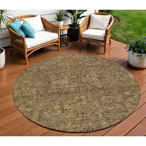 Photo of 8' Brown And Taupe Round Floral Washable Indoor Outdoor Area Rug