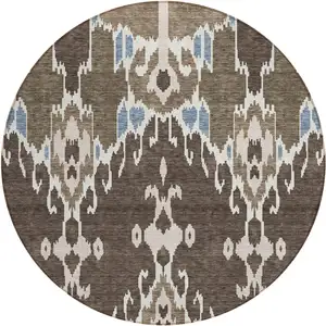 Photo of 8' Brown And Taupe Round Ikat Washable Indoor Outdoor Area Rug