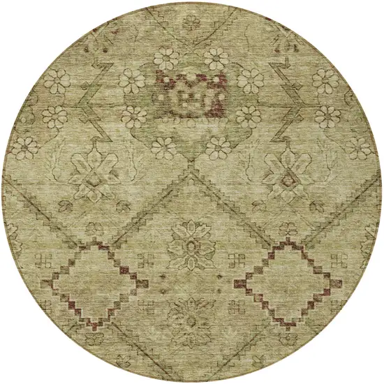 8' Brown Beige And Artichoke Green Round Floral Washable Indoor Outdoor Area Rug Photo 5