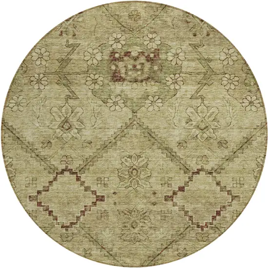 8' Brown Beige And Artichoke Green Round Floral Washable Indoor Outdoor Area Rug Photo 2