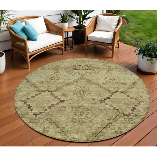 8' Brown Beige And Artichoke Green Round Floral Washable Indoor Outdoor Area Rug Photo 1