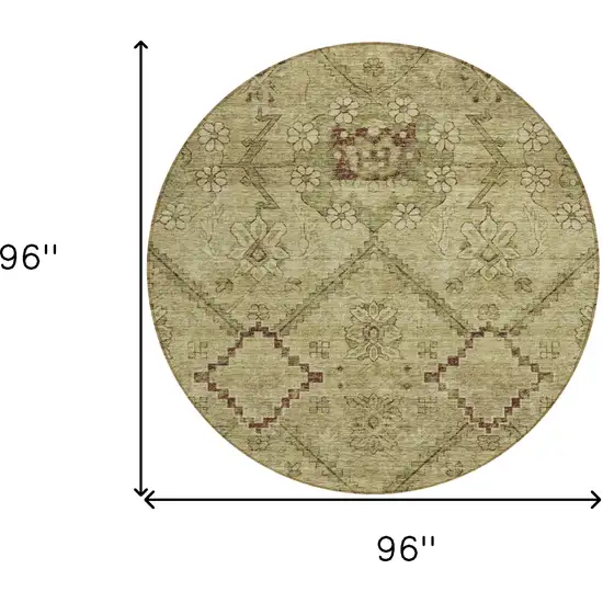 8' Brown Beige And Artichoke Green Round Floral Washable Indoor Outdoor Area Rug Photo 3