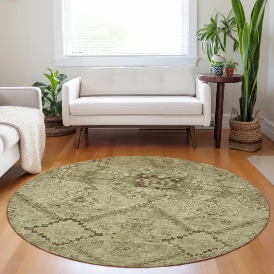 8' Brown Beige And Artichoke Green Round Floral Washable Indoor Outdoor Area Rug Photo 7