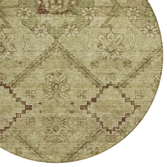 8' Brown Beige And Artichoke Green Round Floral Washable Indoor Outdoor Area Rug Photo 4