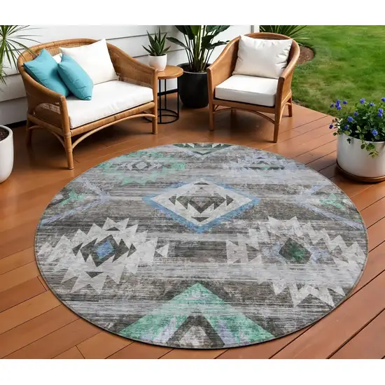 8' Brown Beige And Blue Round Southwestern Washable Indoor Outdoor Area Rug Photo 1