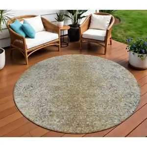 Photo of 8' Brown Beige And Charcoal Round Oriental Washable Indoor Outdoor Area Rug