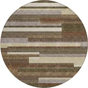 Photo of 8' Brown Beige And Copper Round Striped Washable Indoor Outdoor Area Rug