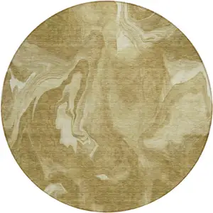 Photo of 8' Brown Beige And Ivory Round Abstract Washable Indoor Outdoor Area Rug