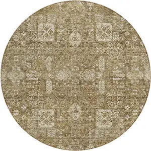 Photo of 8' Brown Beige And Ivory Round Oriental Washable Indoor Outdoor Area Rug