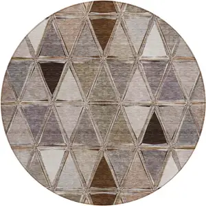 Photo of 8' Brown Beige And Khaki Round Geometric Washable Indoor Outdoor Area Rug