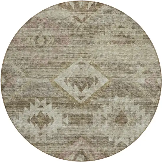 8' Brown Beige And Tan Round Southwestern Washable Indoor Outdoor Area Rug Photo 2