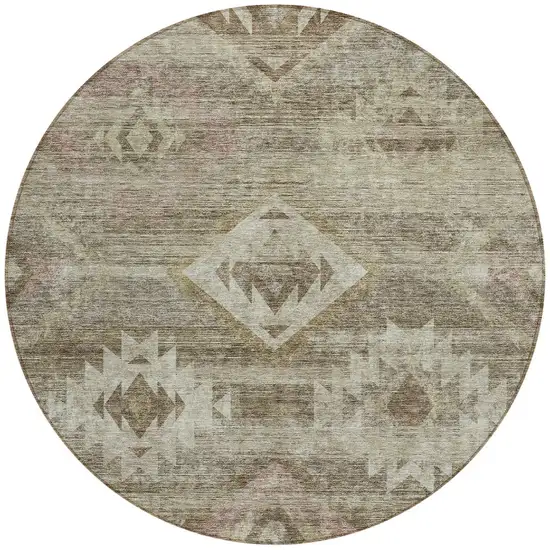 8' Brown Beige And Tan Round Southwestern Washable Indoor Outdoor Area Rug Photo 5