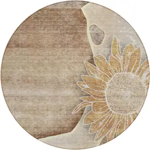 Photo of 8' Brown Beige And Taupe Round Floral Washable Indoor Outdoor Area Rug