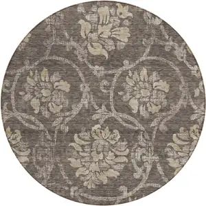 Photo of 8' Brown Beige And Taupe Round Floral Washable Indoor Outdoor Area Rug