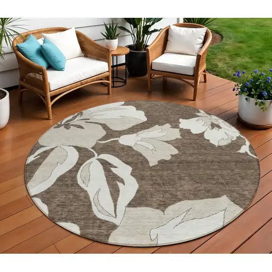 8' Brown Beige And Taupe Round Floral Washable Indoor Outdoor Area Rug Photo 1