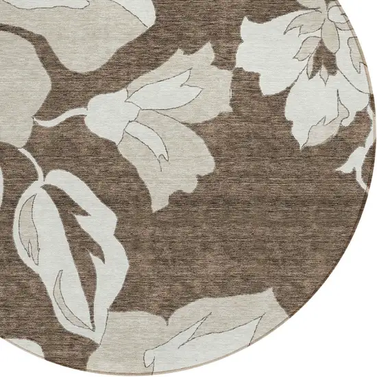 8' Brown Beige And Taupe Round Floral Washable Indoor Outdoor Area Rug Photo 5