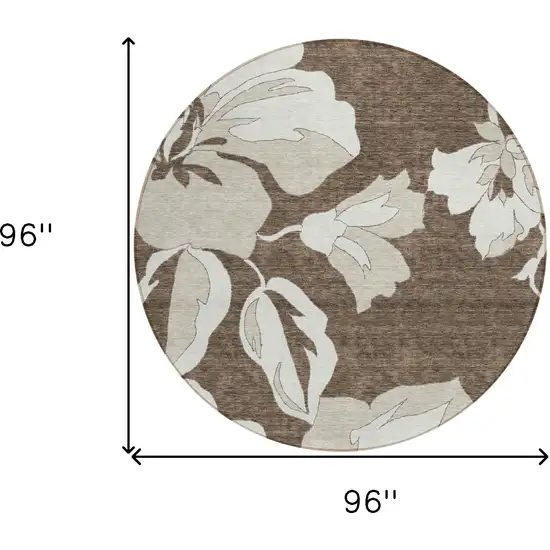 8' Brown Beige And Taupe Round Floral Washable Indoor Outdoor Area Rug Photo 3