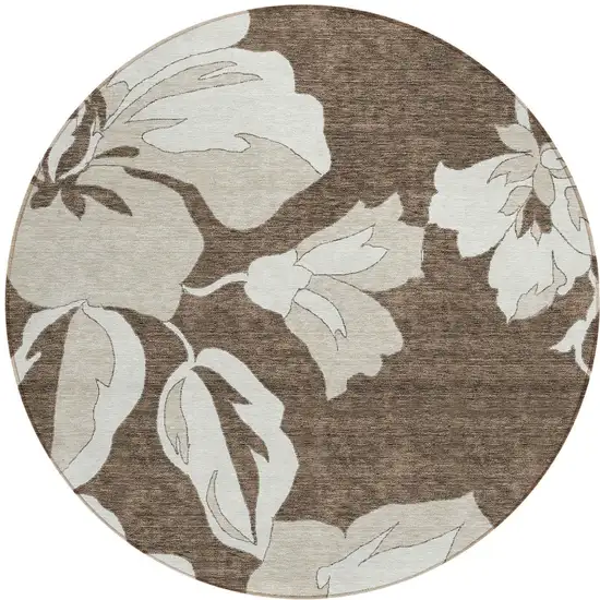 8' Brown Beige And Taupe Round Floral Washable Indoor Outdoor Area Rug Photo 6