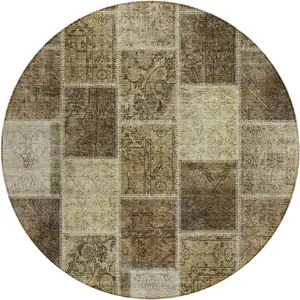 Photo of 8' Brown Beige And Taupe Round Patchwork Washable Indoor Outdoor Area Rug