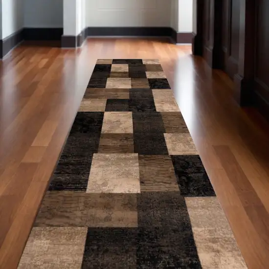 15' Brown Black and Tan Geometric Power Loom Runner Rug Photo 1