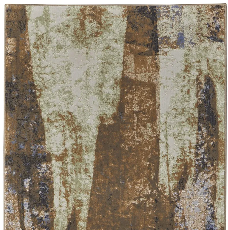 8' Brown Blue And Ivory Abstract Power Loom Distressed Runner Rug Photo 4