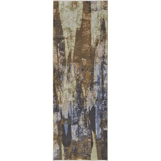 8' Brown Blue And Ivory Abstract Power Loom Distressed Runner Rug Photo 1