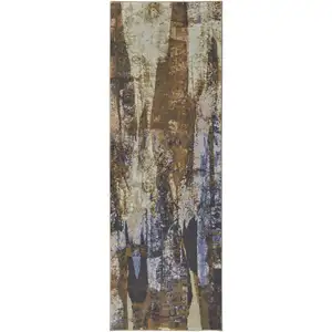 Photo of 8' Brown Blue And Ivory Abstract Power Loom Distressed Runner Rug