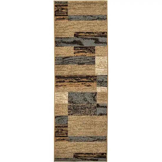 12' Brown Blue and Beige Patchwork Stain Resistant Runner Rug Photo 1