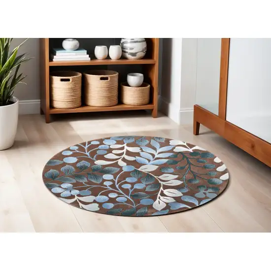 5' Brown Botanical Leaves Round Rug Photo 2