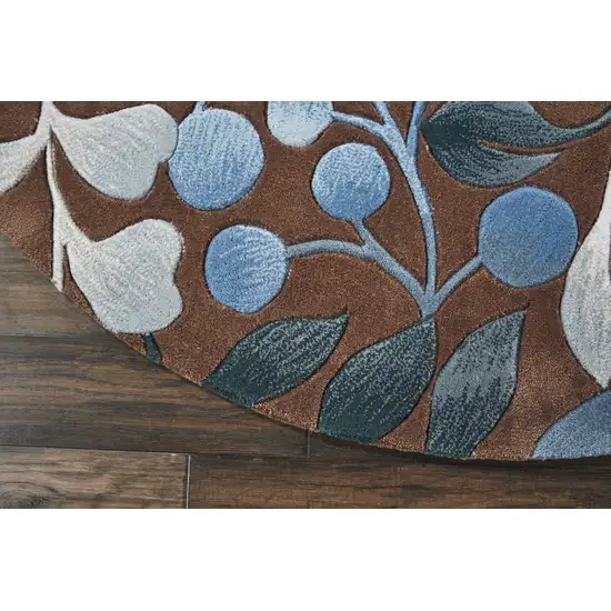 5' Brown Botanical Leaves Round Rug Photo 5