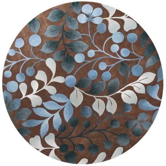 8' Brown Botanical Leaves Round Rug Photo 3