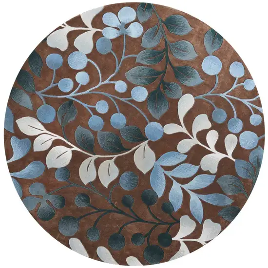 8' Brown Botanical Leaves Round Rug Photo 1