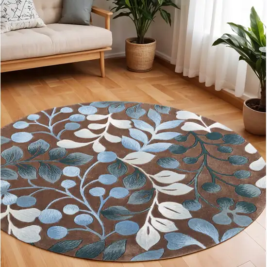 8' Brown Botanical Leaves Round Rug Photo 2