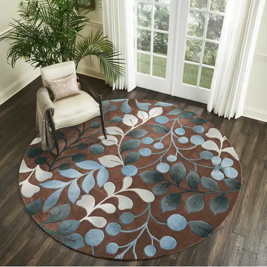 8' Brown Botanical Leaves Round Rug Photo 7