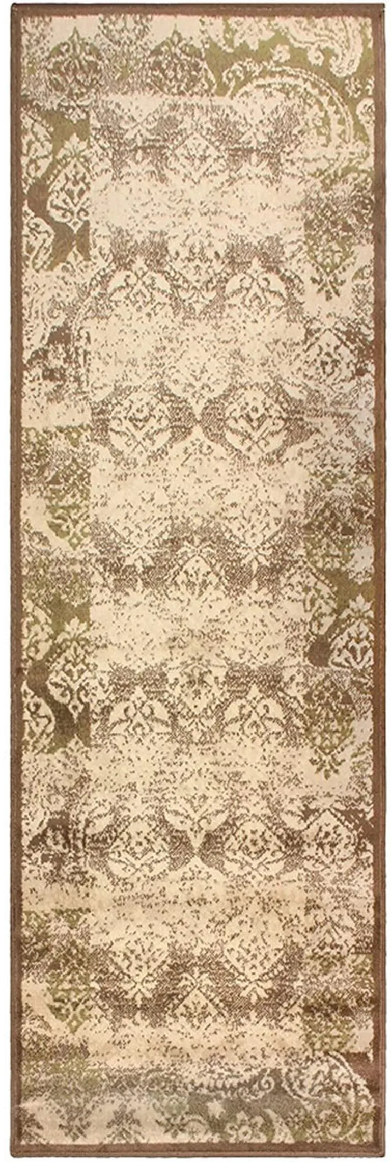 8' Brown Damask Power Loom Distressed Stain Resistant Runner Rug Photo 1