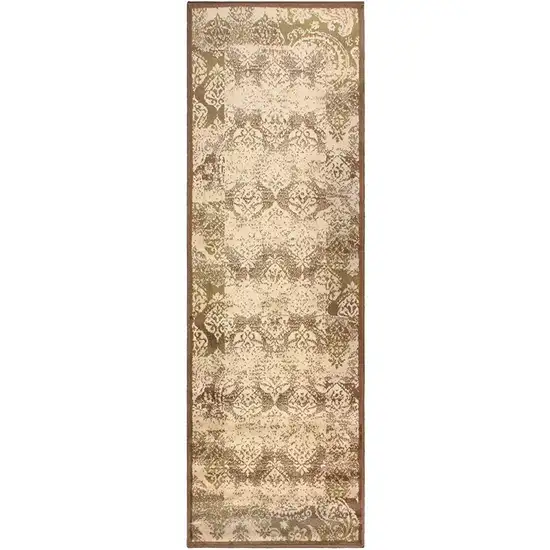 8' Brown Damask Power Loom Distressed Stain Resistant Runner Rug Photo 1