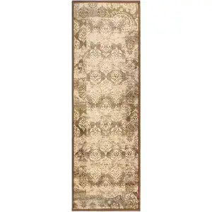 Photo of 8' Brown Damask Power Loom Distressed Stain Resistant Runner Rug