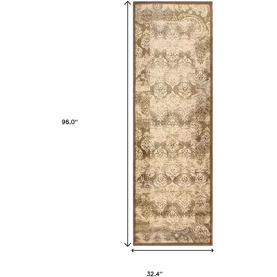 8' Brown Damask Power Loom Distressed Stain Resistant Runner Rug Photo 6