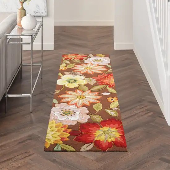 8' Brown Floral Hand Hooked Handmade Runner Rug Photo 5